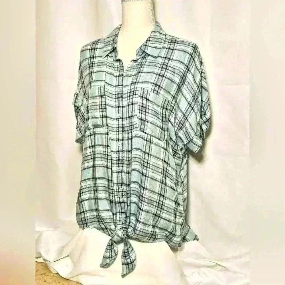 Como Vintage Blue White Plaid Womens Top NWOT Large